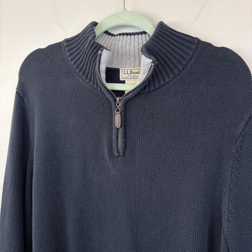L.L.Bean Sweater Mens Medium Blue Quarter Zip‎ Mock Neck Cotton Textured 287736